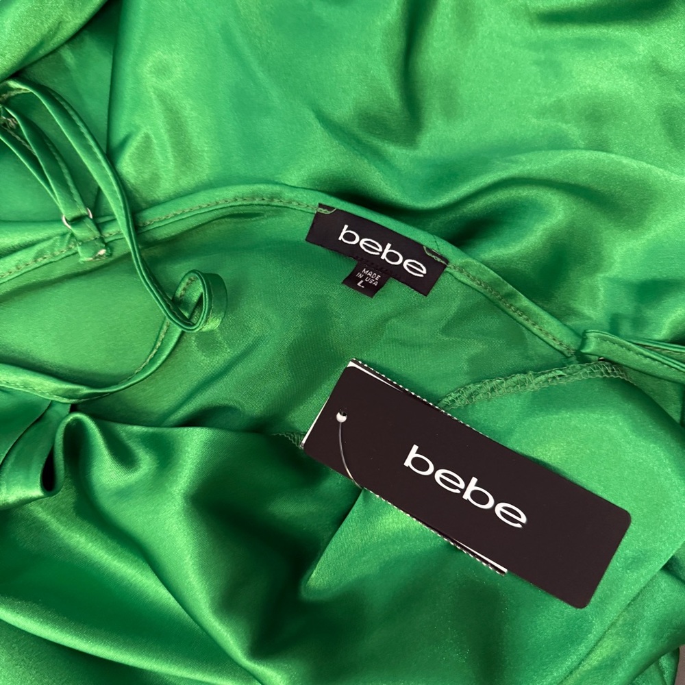 bebe Emerald Green Asymmetric Satin Slinky Slip Dress - Picture 7 of 7